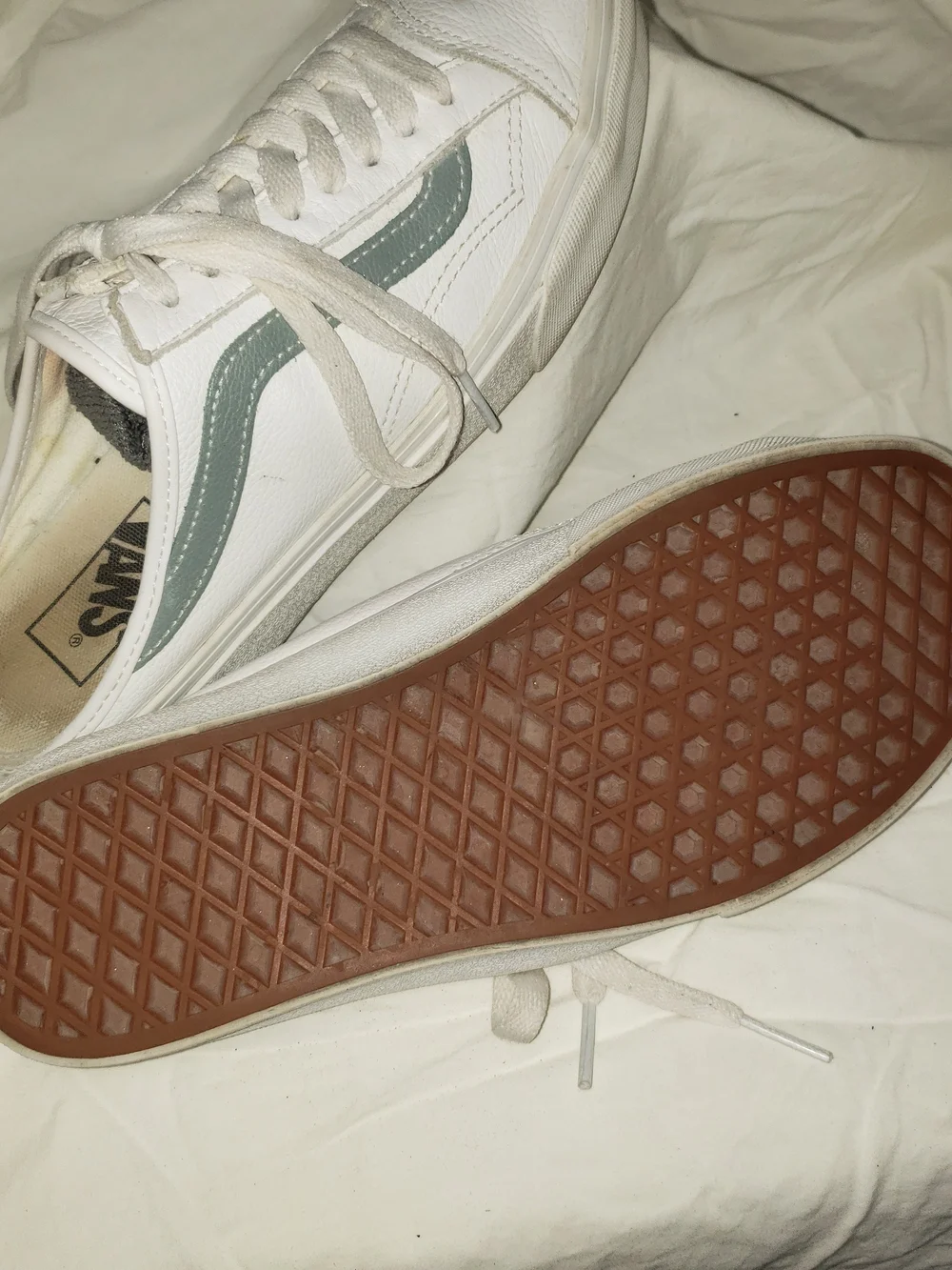Vans Old Skool Leather Low-Top in White with Sage Side Stripe
